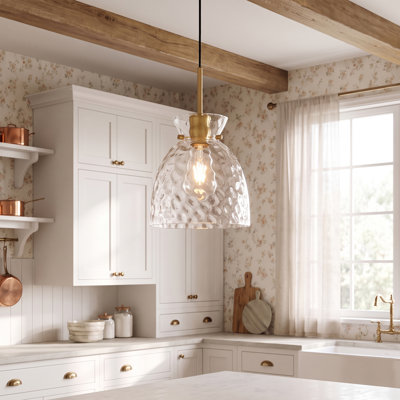 8" 1-Light Hammered Glass Dimmable Single Pendant, Brass Bell Kitchen Island Lighting, Height Adjustable