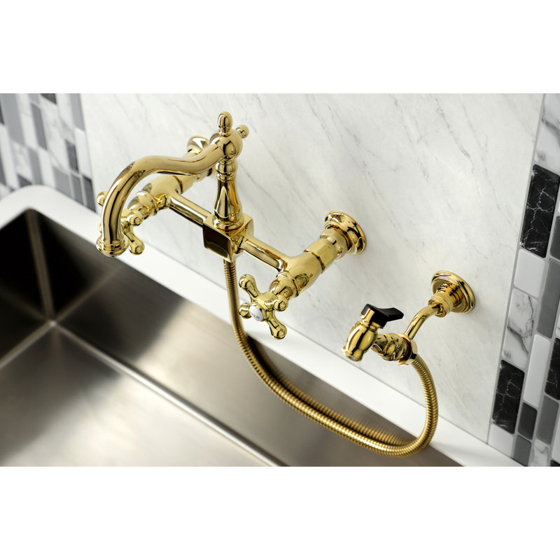 Kingston Brass Heritage Double-Handle 3-Hole Wall-Mount Bridge Kitchen Faucet with Brass Sprayer, Light Gold