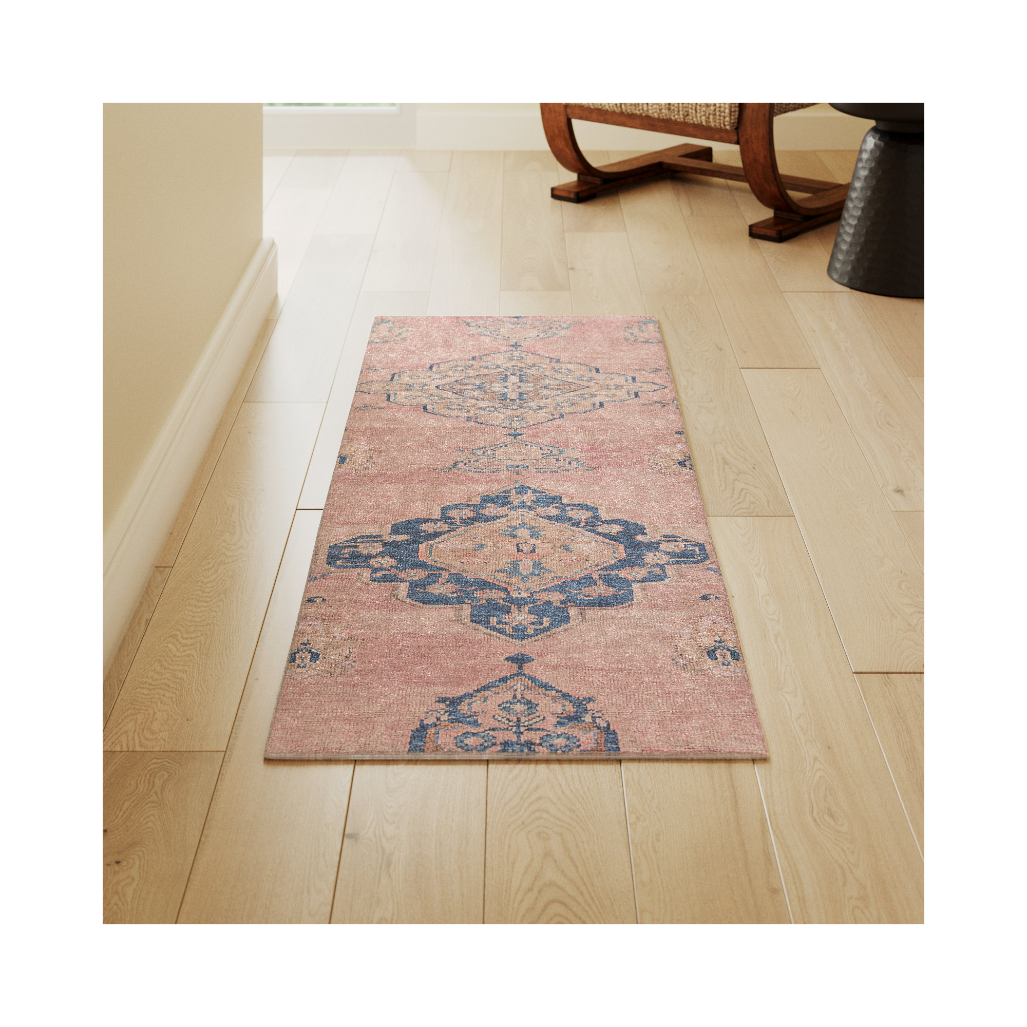 Machine Washable Pink/Blue Rug, Runner 2' x 6'