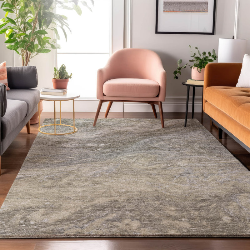 Premium Machine Washable Cerrito AMF599 Taupe Round Rug, Rectangle 3' x 5'