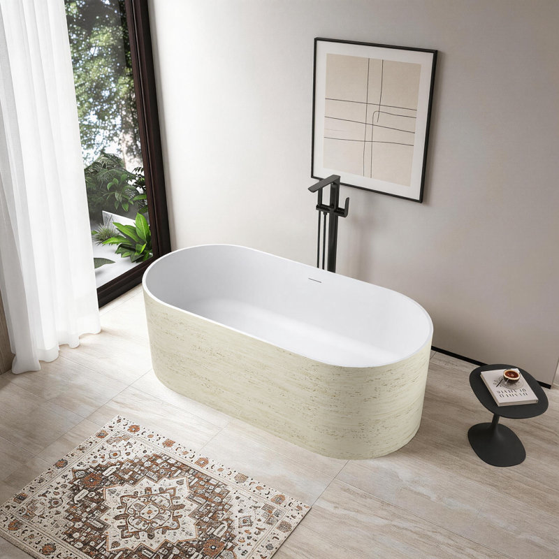 63" Freestanding Solid Surface Soaking Bathtub with Stone Texture & Ergonomic Design