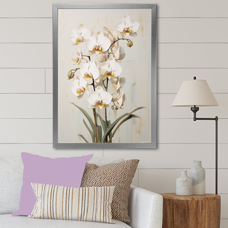 Orchidées beiges tranquillité IV, Cadre simple argenté, H 32 po x l 24 po x P 1 po