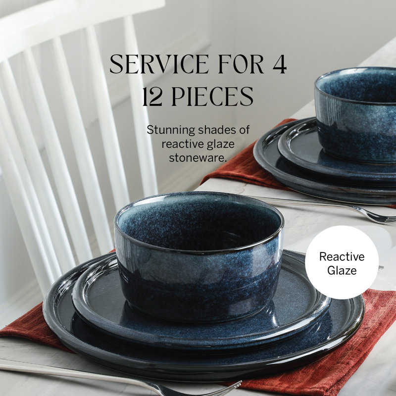 Stone Lain 12 Piece Modern Stoneware Dinnerware Set Plates, Bowls, Dark Blue, Blue