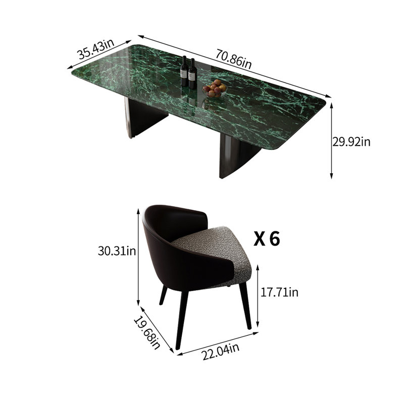 Ensemble de table à manger rectangulaire moderne en marbre de luxe moderne, H 29,92 po x L 70,86 po x l 35,43 po