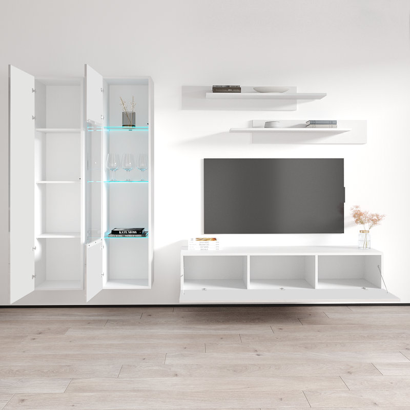 Villard 100" Modern Floating Wall Mounted Entertainment Center with 16-Color LED Lighting, High Gloss Finish, White