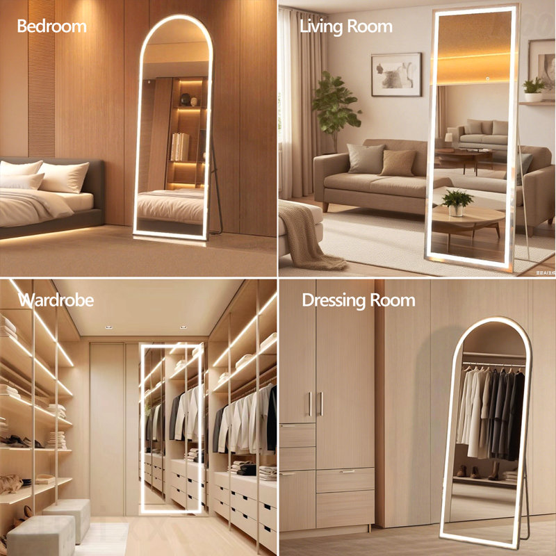 Miroir d'appoint de plancher DEL pleine longueur, Noir, 60 po x 16 po