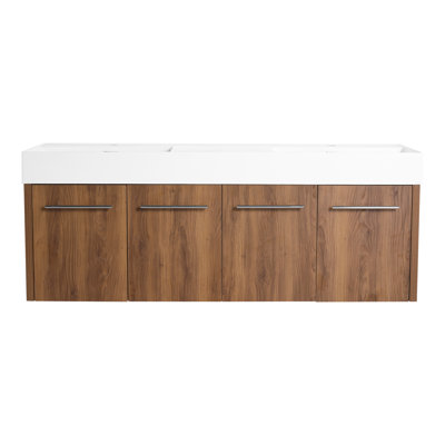 Revivo 60 Inch Contemporary Wall-Mounted Vanity With Thick Edge Double Resin Sink And Eco-Friendly Materials