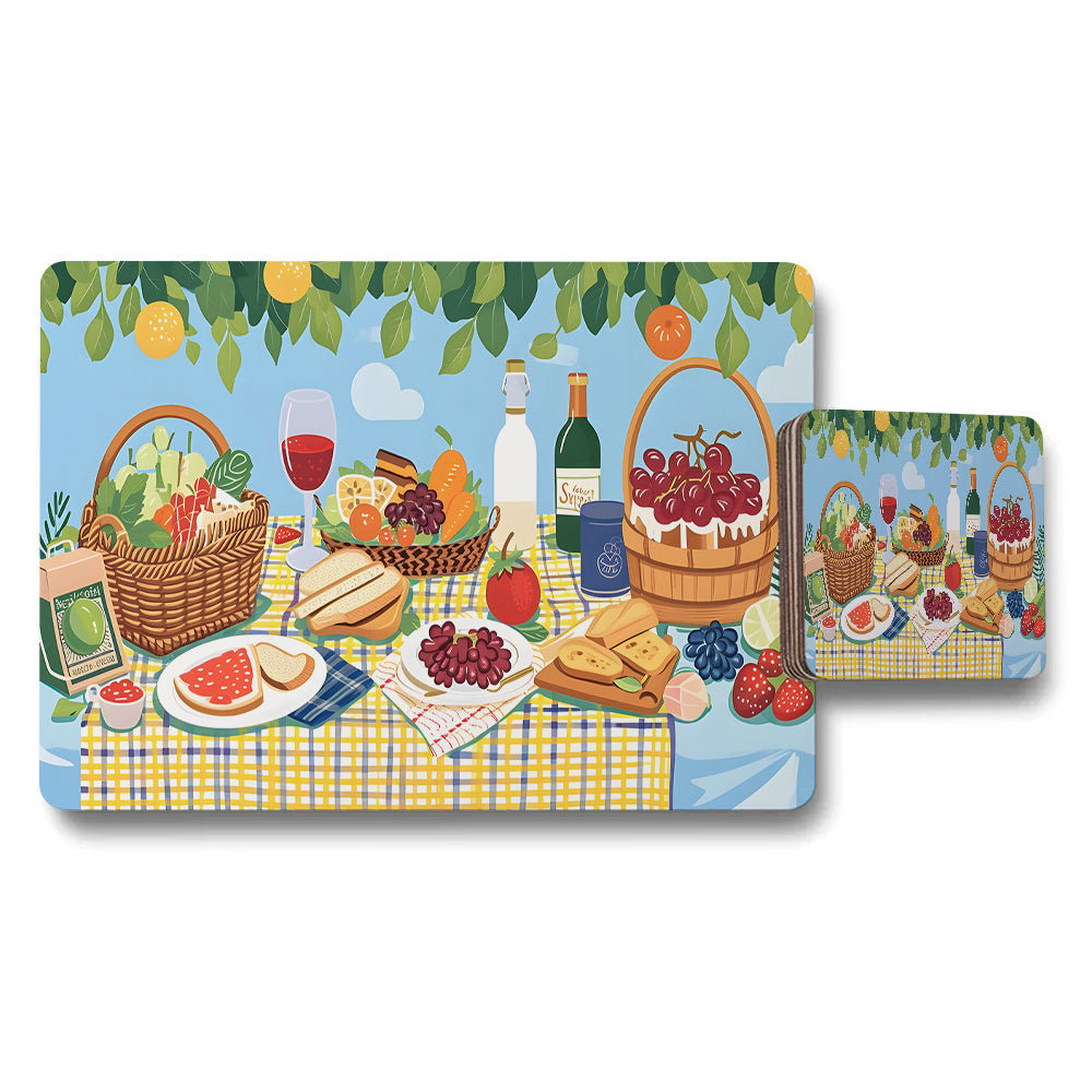 Picnic Style Placemat And Coaster Set With Fruit Basket