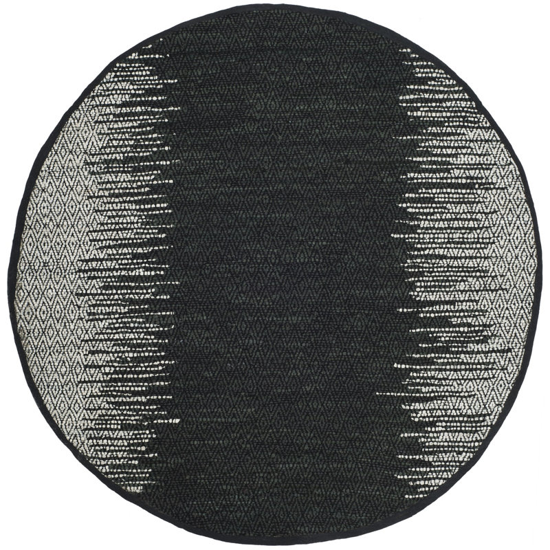 Phillis Vintage Leather Hand Woven Leather/Cotton Geometric Rug in Light Gray/Black, Round 4'