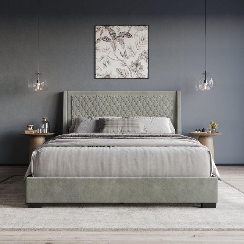 Full Platform Bed with Storage Grey Velvet, Grey, King