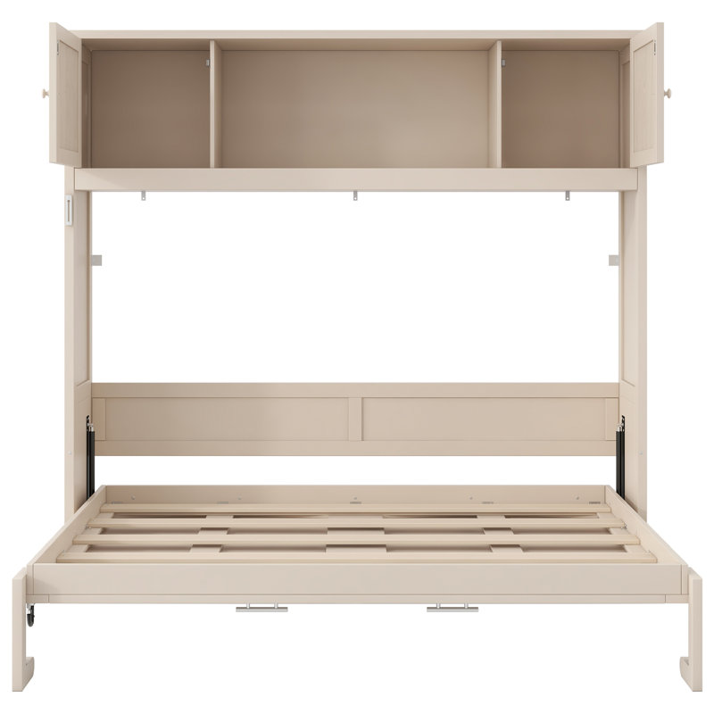 Lit escamotable double avec armoires de rangement, lit escamotable mural en bois de pin rustique, parfait pour les chambres d'amis, beige