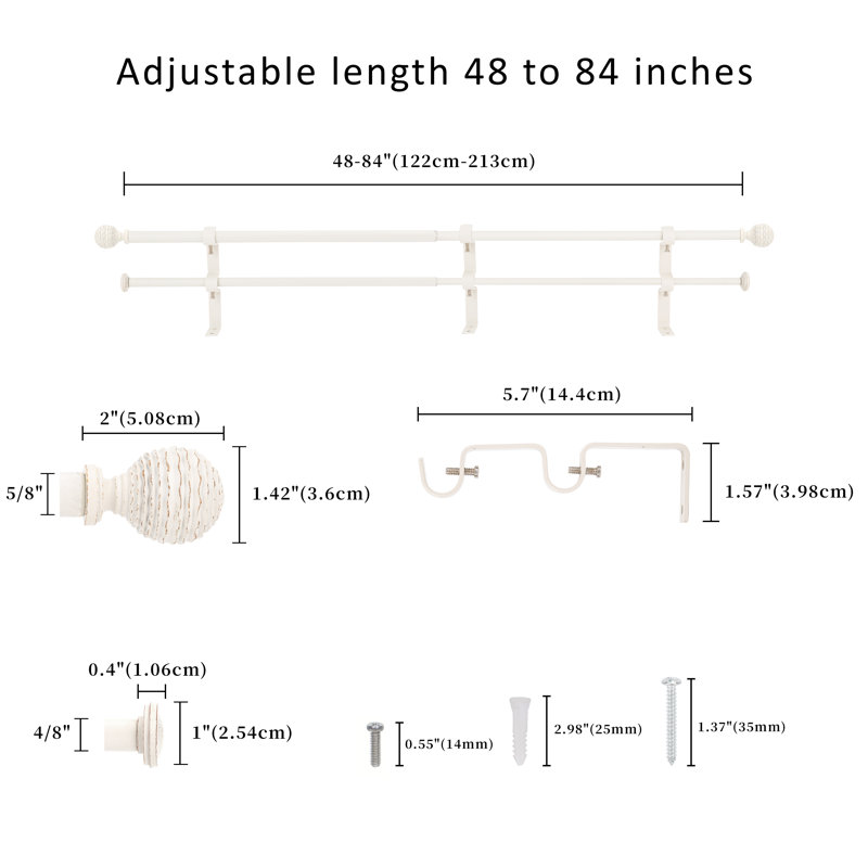 Tringle à rideaux double réglable en acier Ryenn, 48" - 84", Blanc