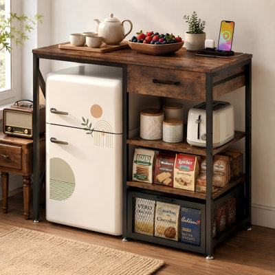 Étagère de boulanger rustique avec prise de courant, support pour micro-ondes avec tiroir, tablettes réglables pour un dortoir ou une salle à manger