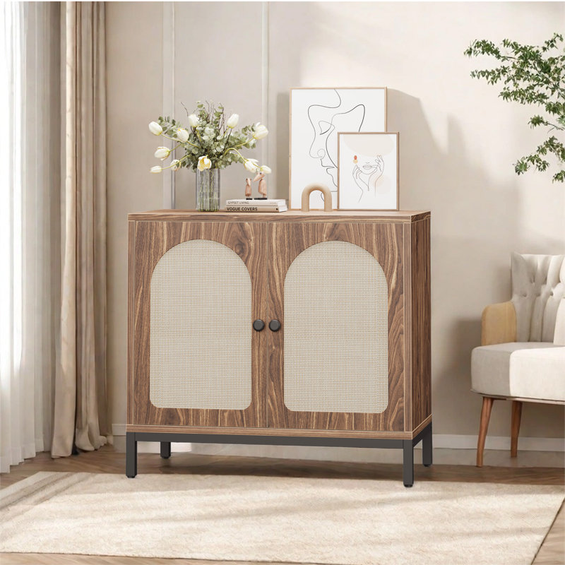 Buffet Cabinet With Storage, Kitchen Storage Cabinet With Rattan Doors, Accent Cabinet With Adjustable Shelf, Brown