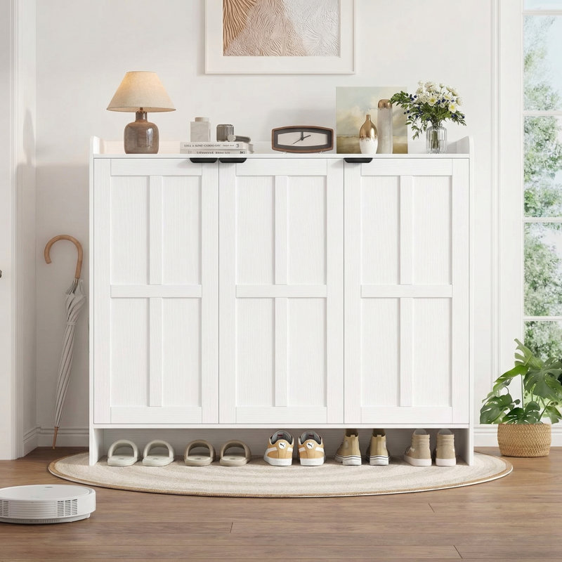30-Pair Shoe Cabinet With 6-Tier, Adjustable Shelves & Boot Compartment, White Wood