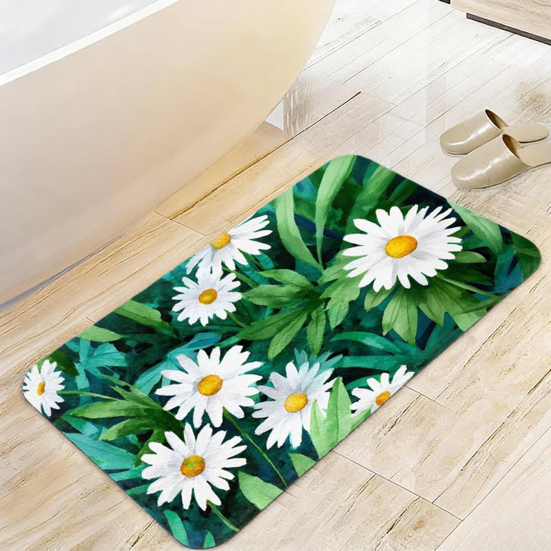 20 po x 32 po Tapis pelucheux antidérapant à motif de marguerite verte pour salle de bain, Blanc / motif floral vert