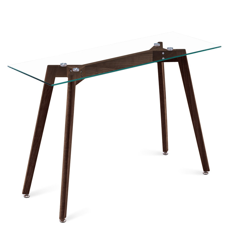 Diano 43.3" Narrow Console Table with Solid Wood Legs and Tempered Glass Top Desk, Walnut Brown