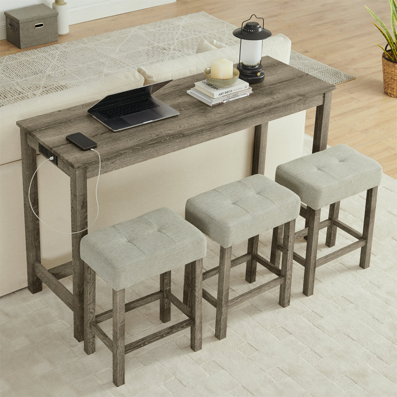 Miles 4-Piece Bar Table Set with Upholstered Stools & Power Outlets, Brown