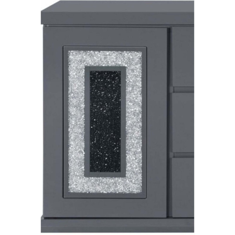 Élégant buffet gris contemporain avec finition ultrabrillante et incrustation de verre transparent, parfait pour les salles à manger modernes.