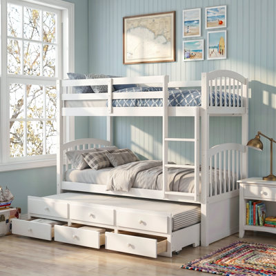 Lit gigogne simple détachable en bois massif pour chambre d'adolescent, lit superposé simple avec 3 tiroirs, échelle, barrière de sécurité, quatre roues, facile à assembler
