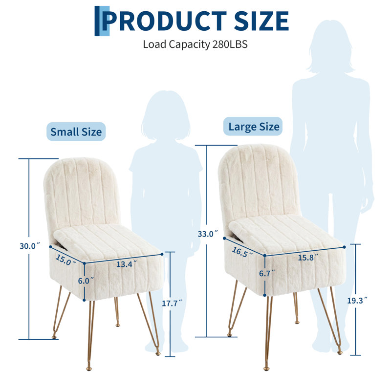 Tabouret de rangement ottoman avec dossier réglable, siège de maquillage carré recouvert de fausse fourrure pour chambre/coiffeuse, pieds en métal doré