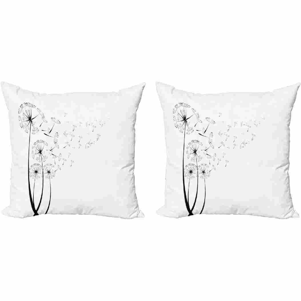 Ambesonne Dandelion Decorative Throw Pillow Case Pack Of 2, Monochrome Dandelions Blowing In The Wind Fluffy Flower Romance Theme, Couch Bedroom Living Room Cushion Cover, 16", Black White (Set of 2) Ambesonne 