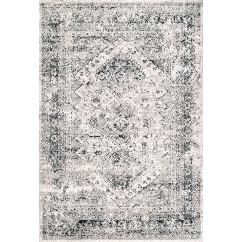Tapis gris délavé à médaillons tissé à la machine de style traditionnel Fullwood, Rectangle 9 pi x 12 pi