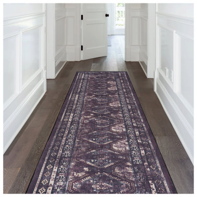 MAVAL Vintage Boho Runner Rug - Machine Washable, Non-Slip Black & Burgundy Hallway Carpet