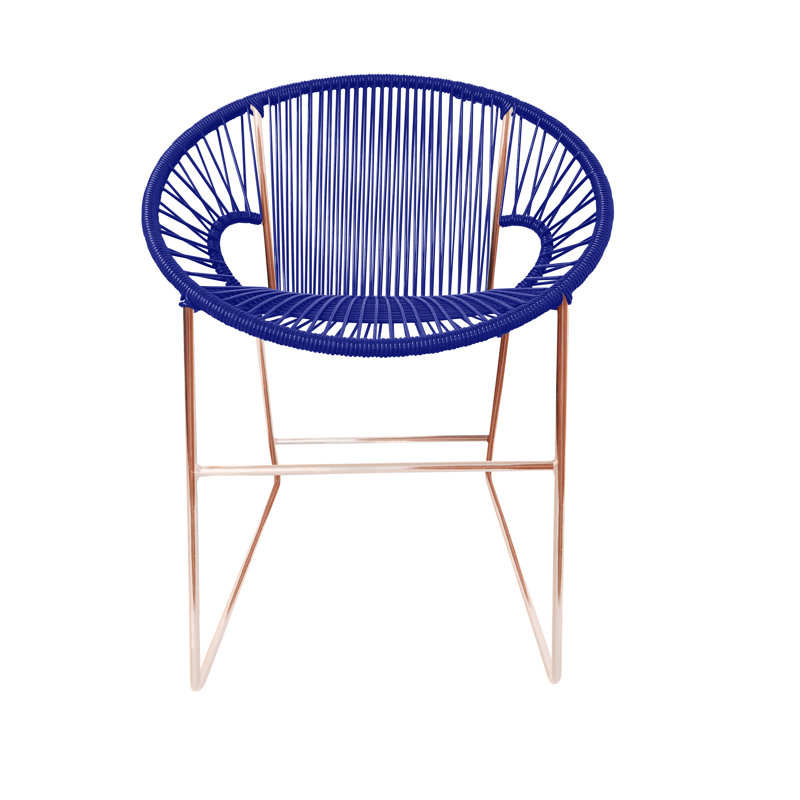 Puerto Premium All-Weather Wicker Outdoor Dining Side Chair with Cushion, Deep Blue/Copper