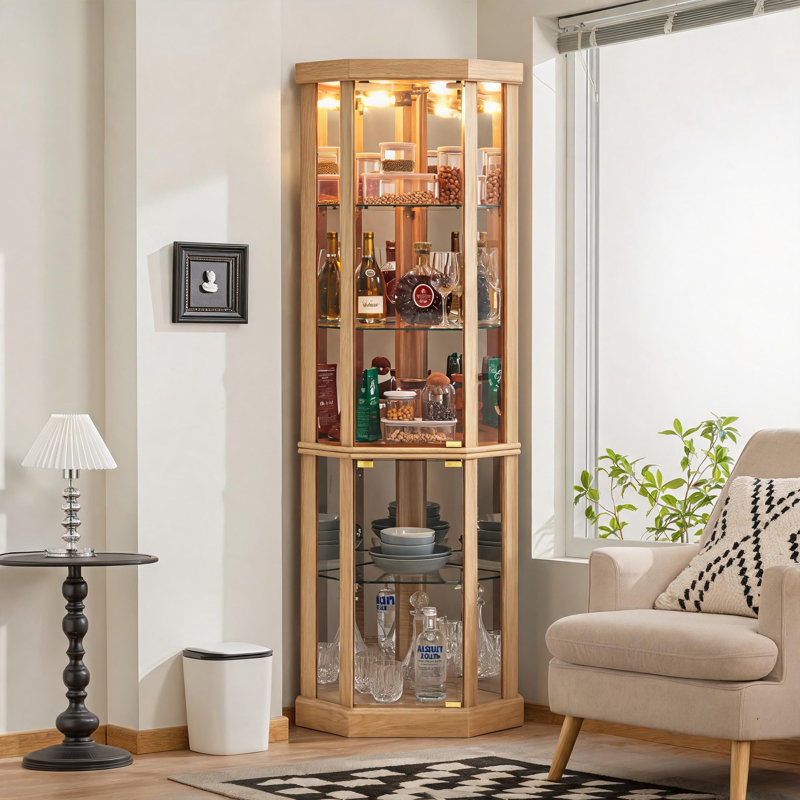Vitrine de coin lumineuse, vitrine en verre avec tablettes réglables, finition chêne clair