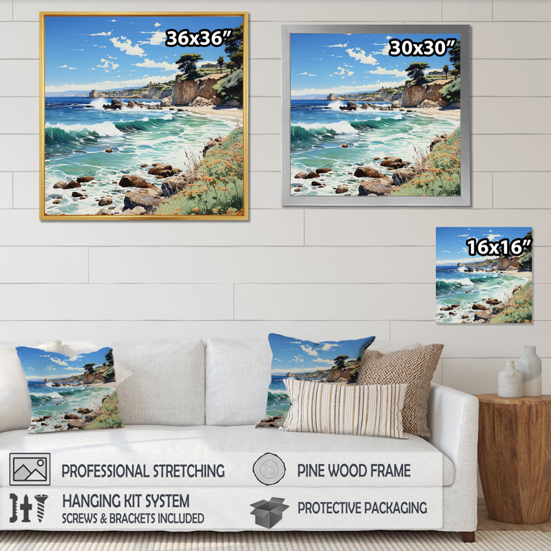 " Beach Contrast Pointillism II ", White Floater Framed, 16" H x 16" W x 1" D