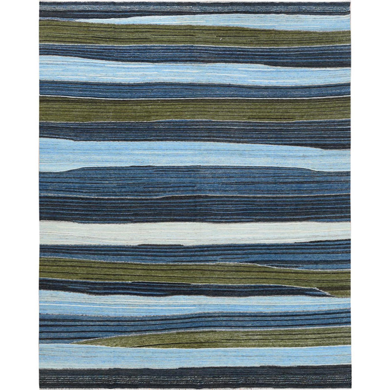 Tapis bleu / vert en laine noué à la main de conception unique 9 pi 7 po x 11 pi 10 po New Age Featherly