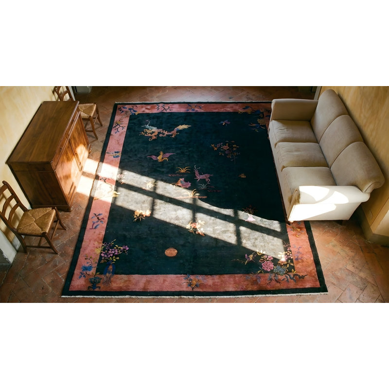 Knotted Chinese Blue Rectangle - Art Deco Antique Room Size 1920s Wool Rug