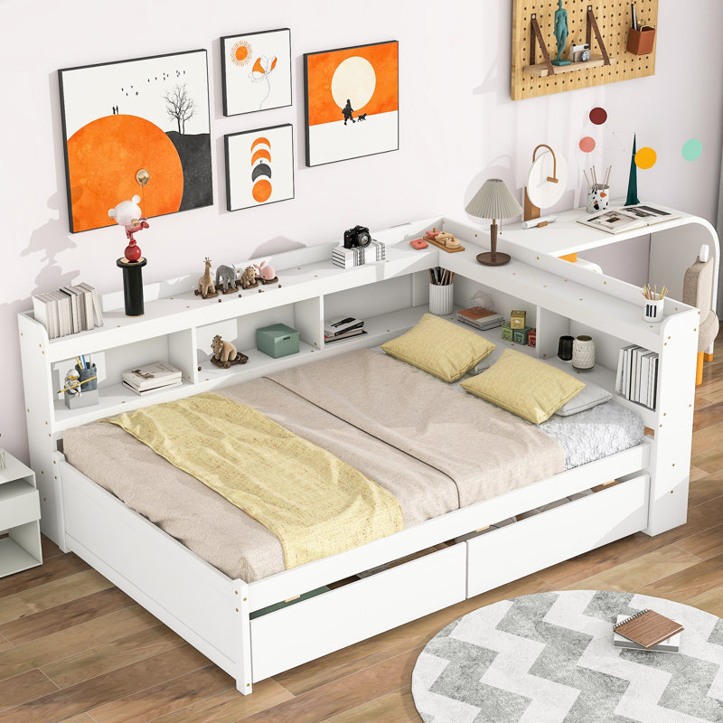 Lit double avec tiroirs en L, blanc - Utilisation de l'espace dans la chambre principale et tiroirs spacieux parfaits