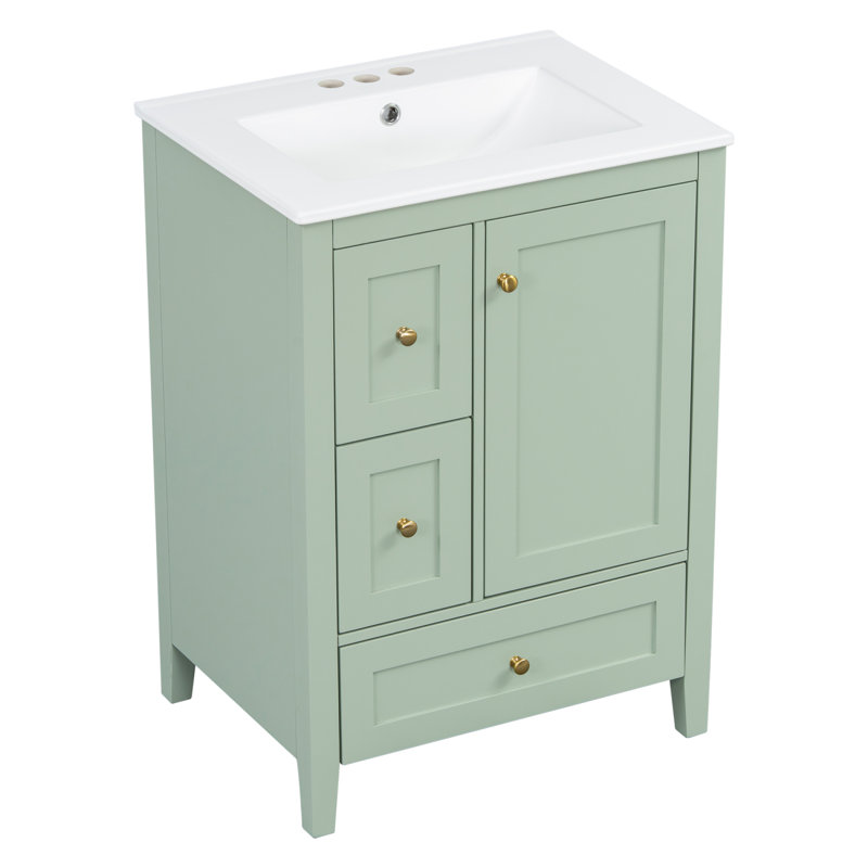 Meuble-lavabo de 24 pouces avec rangement réglable et design moderne, Vert, Doré