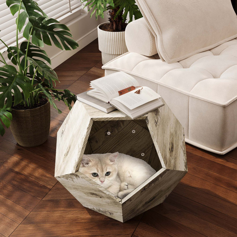 Evanah Single Coffee Table Modern Pet Furniture Cat Carrier Side Table, White Oak