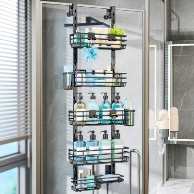 Serviteur de douche au-dessus de la porte, organisateur de douche réglable à 5 niveaux avec 2 porte-brosses à dents et 4 crochets, tablette de rangement antirouille, noir