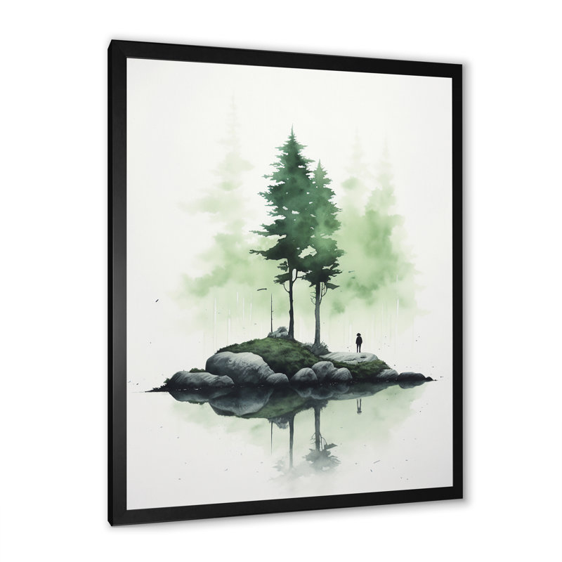 Pin, île, aquarelle minimale, vert tendre, Cadre photo noir, H 20 po x l 12 po x P 1 po