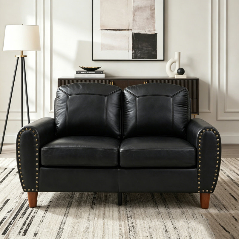 Causeuse classique en similicuir respirant avec rivets en laiton, L 59 po, Polyuréthane noir