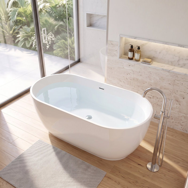 Baignoire de trempage ovale autoportante moderne en acrylique blanc lustré de 60 pouces avec système de drainage intégré, bonde pré-percée et trous de trop-plein et base autonivelante