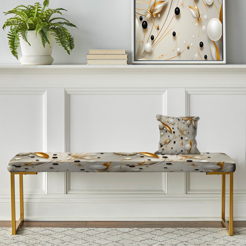 Opulent White Pearl Glamour - Floral Upholstered Gold Bench