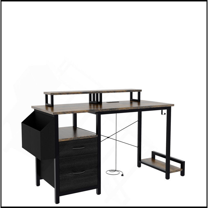 Office Desk With Power Outlet,2 Monitor Stands,2 Drawers,Side Pocket,Easy To Assemble,Frame Stability Reversible,Use For Home Desk, Computer Desk, Game Table