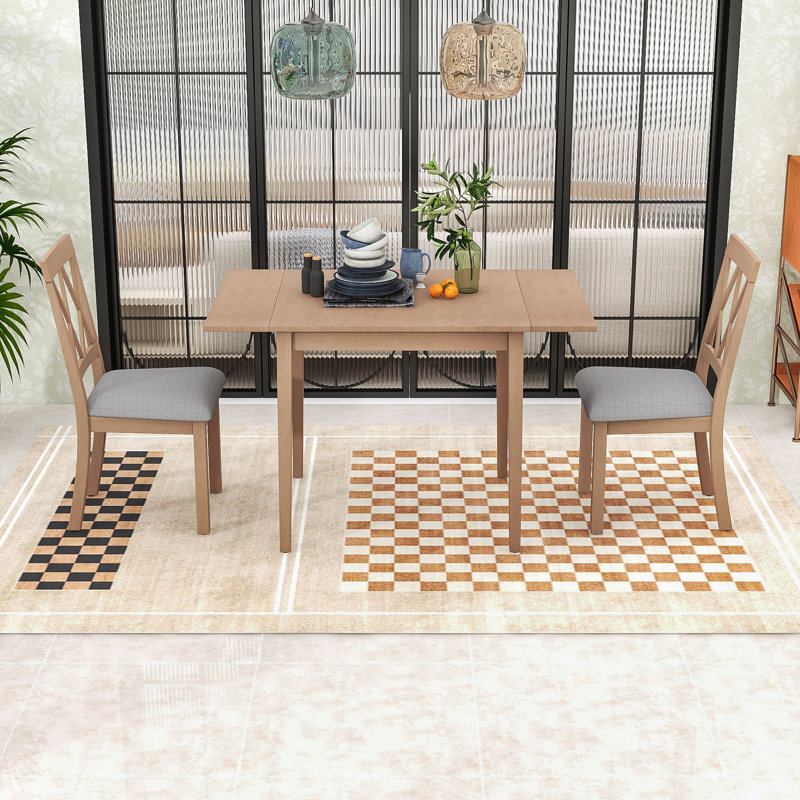 Ensemble de table de salle à manger extensible 3 pièces, table en bois avec abattant et chaises rembourrées, Naturel
