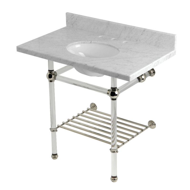 Kingston Brass Templeton 36-Inch Carrara Marble Console Sink with Acrylic Legs and Shelf (8-Inch, 3-Hole)