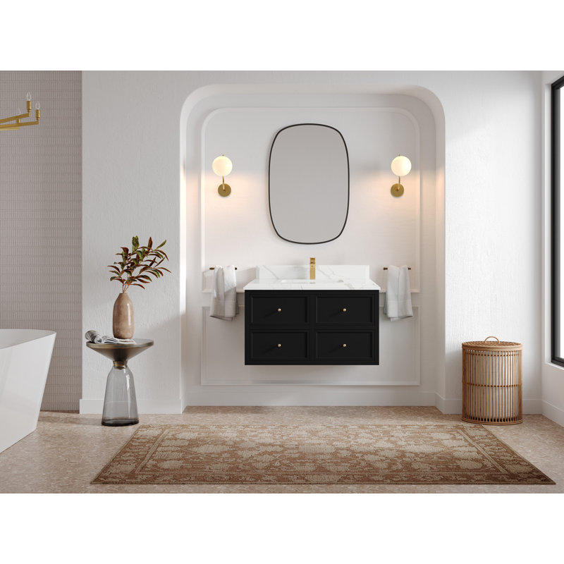 Roswell Floating 36'' Single Bathroom Vanity with Quartz Top, Calacatta Laza