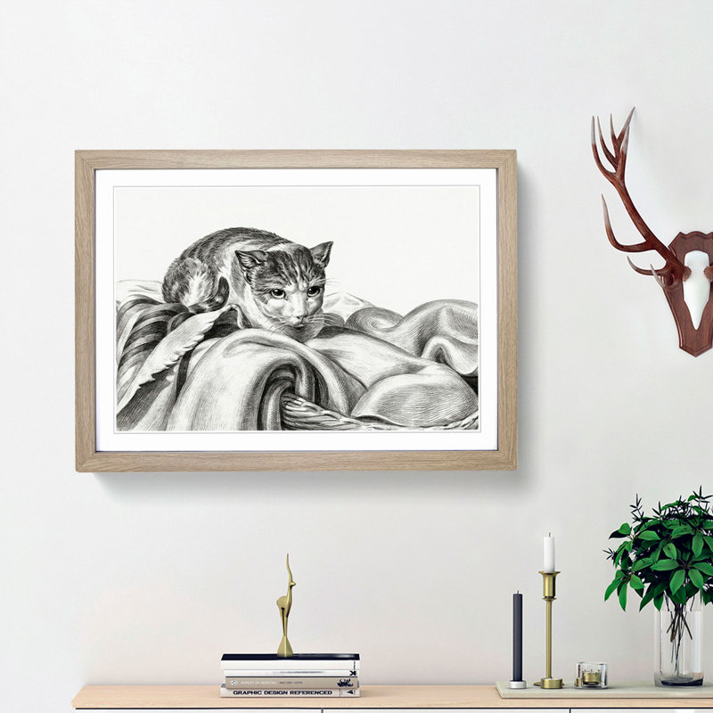 Cat in a Basket by Jean Bernard - Picture Frame Graphic Art Print, 27cm H x 36cm W x 2cm D, Oak Framed