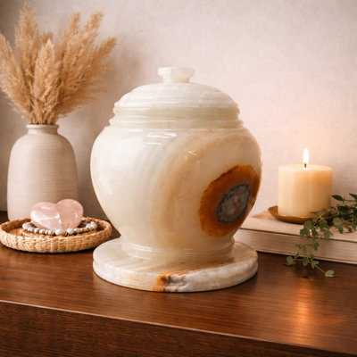 Decorative Marble Urn With Lid, White Onyx With Brown Swirl Pattern, 10.5" H X 8.25" W, 17.25 Lbs