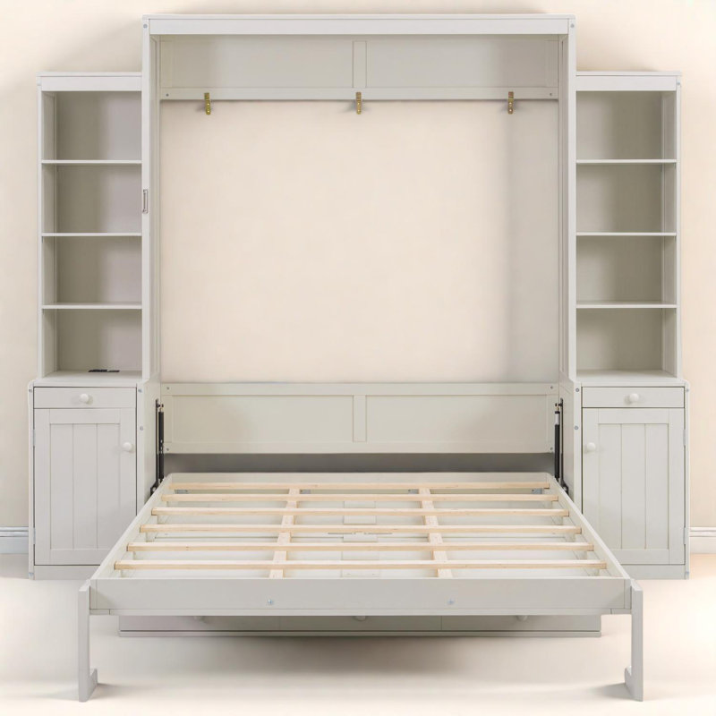 Grand lit escamotable avec bureau et rangement, lit mural avec armoires et tiroirs, Blanc