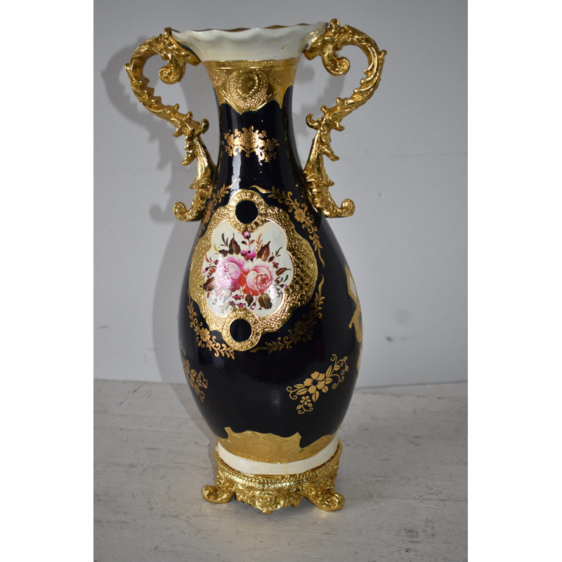 Black And Gold Rounded Resin Vase Size: 11" X 9" X 20"H