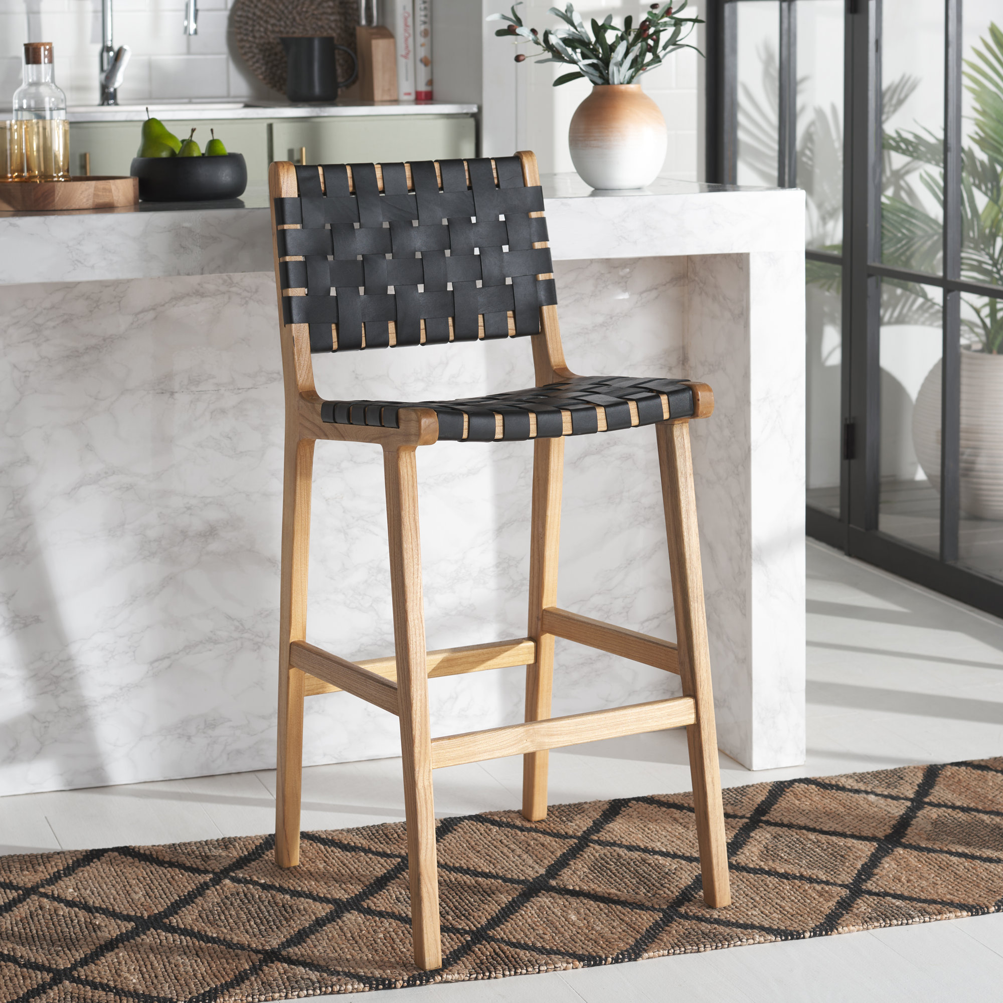 Alston Leather Stool, Black Leather/Natural Frame, Bar Stool (29.70" Seat Height)